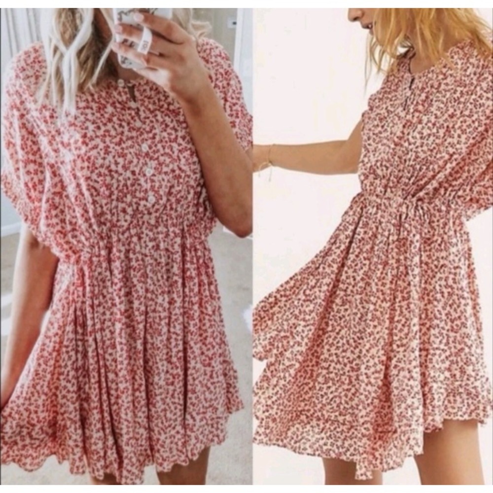 Free People Pink Red Floral Boho Mini Dress Oversized Rayon Tunic Size Small - Picture 2 of 12